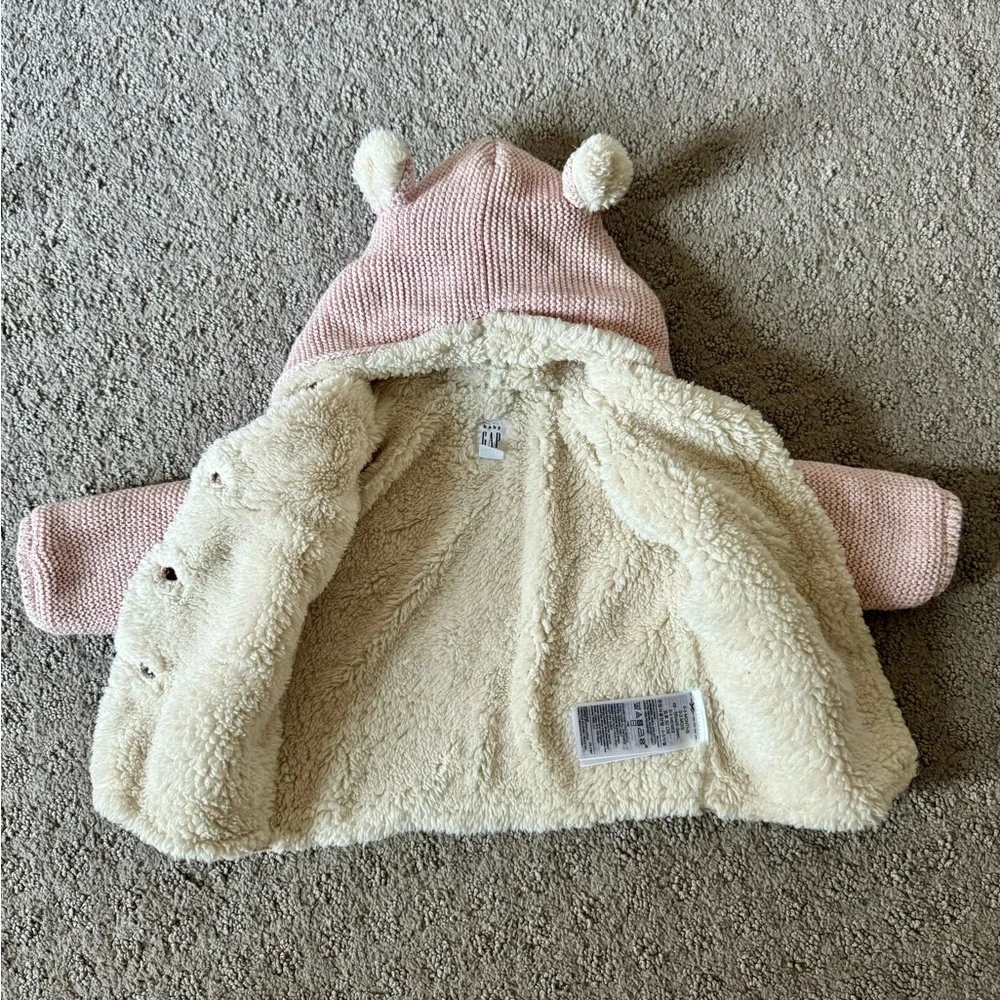 🩷 Baby Gap Pink Sherpa Lined Hooded Jacket with Bear Ears, Size 0-3 Months 🐻
